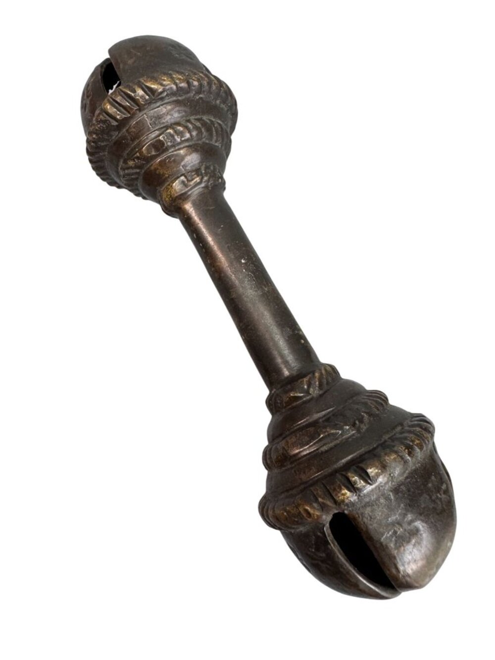Antique Brass Baby Rattle Double Bell Primitive Nursery Decor 6 Inch 13 Oz - Picture 4 of 10